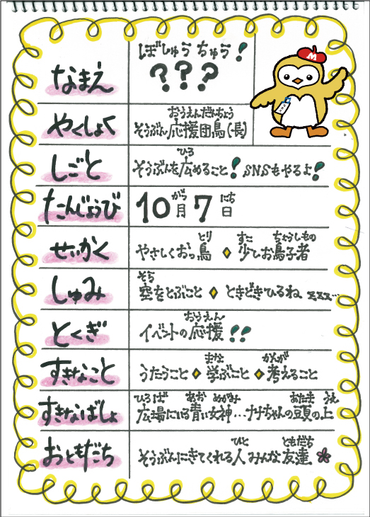 そうぶんの応援団鳥(ちょう)プロフィール なまえ:ぼしゅうちゅう! やくしょく:そうぶん応援団鳥(長) しごと:そうぶんを広めること!SNSもやるよ! たんじょうび:10月7日 せいかく:やさしくおっ鳥(とり)・少しお鳥子者(おちょうしもの) しゅみ:空をとぶこと・ときどきひるね とくぎ:イベントの応援!! すきなこと:うたうこと・学ぶこと・考えること すきなばしょ:広場にいる青い女神…ナナちゃんの頭の上 おともだち:そうぶんにきてくれる人みんな友達!